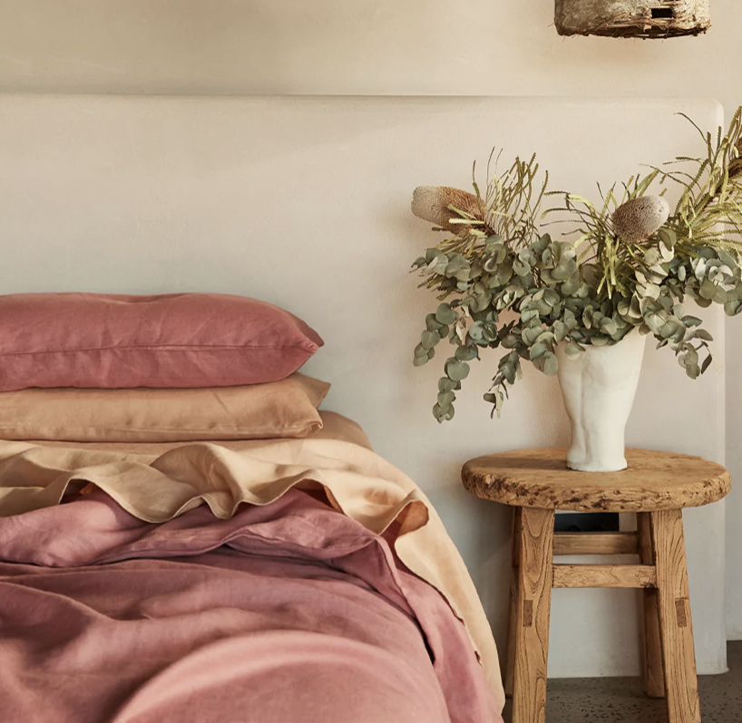 bed with flax linen bedding