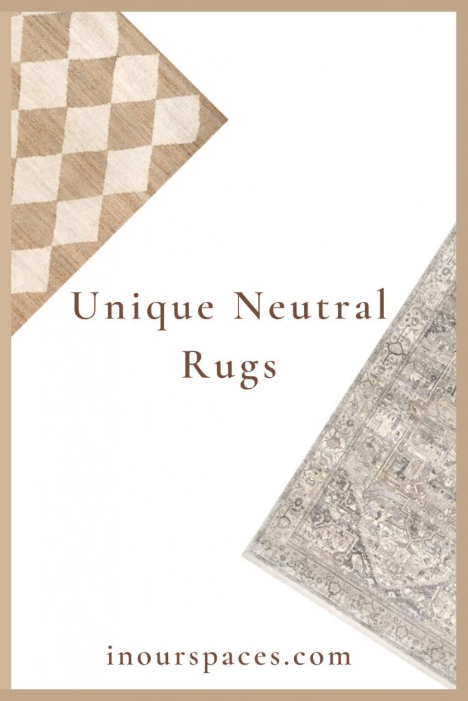 Pinterest pin image with text unique neutral rugs