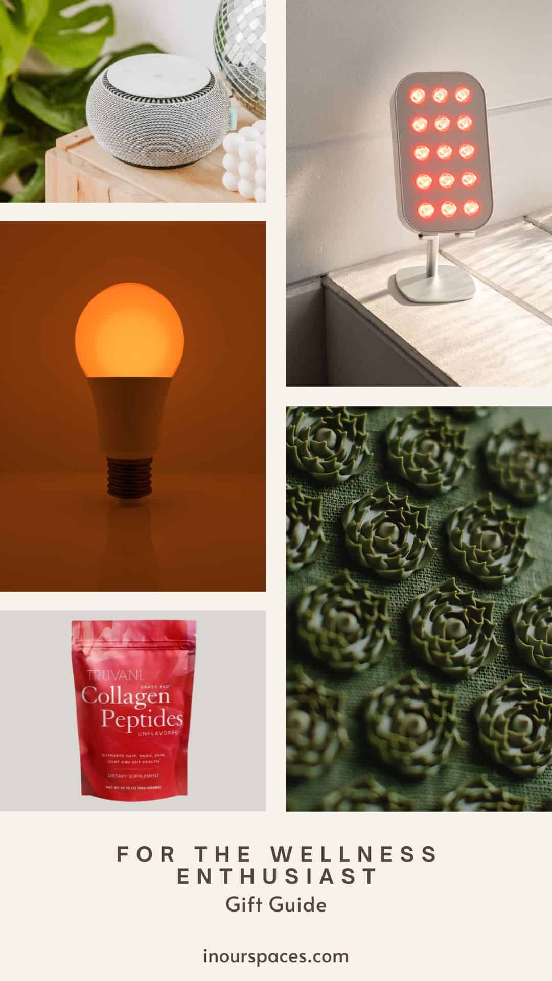 image with text. image is grid of 5 product. text reads: gift guide for the wellness enthusiast in our spaces dot com