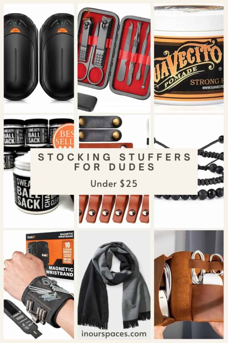 image with grid of 9 products. The text reads "stocking stuffers for dudes under $25" in our spaces dot com