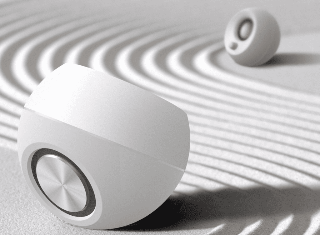 image of pebble V3 speakers in zen sand waves