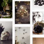 A collection of classy Halloween decorations, including black skulls with plants, gold spiderweb trays with treats, faux spiders on the wall, witch hats, and candlelit accents for chic Halloween decor