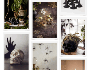 A collection of classy Halloween decorations, including black skulls with plants, gold spiderweb trays with treats, faux spiders on the wall, witch hats, and candlelit accents for chic Halloween decor
