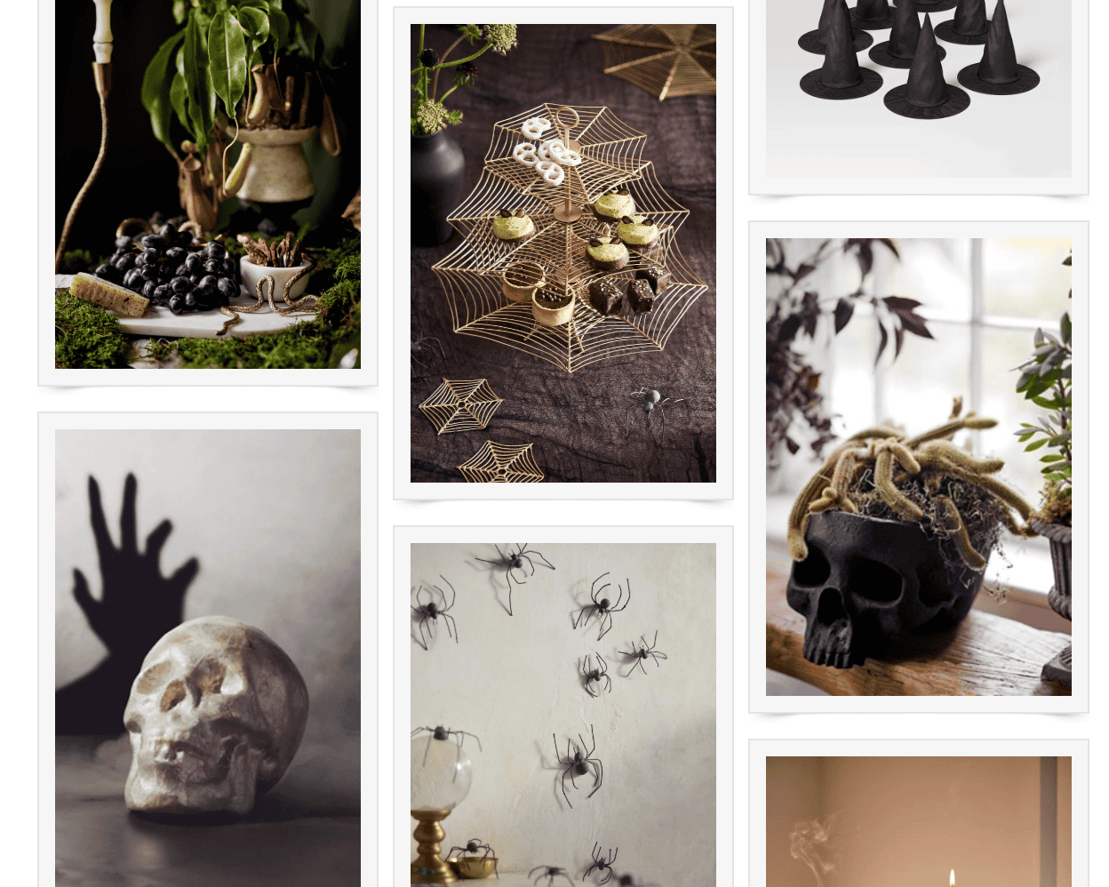 A collection of classy Halloween decorations, including black skulls with plants, gold spiderweb trays with treats, faux spiders on the wall, witch hats, and candlelit accents for chic Halloween decor